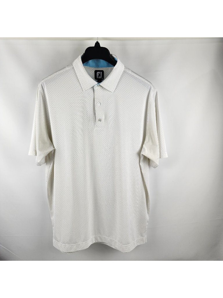 Footjoy Shirt Mens Xl White Blue Geometric Polka Dots Golf S/S Polo